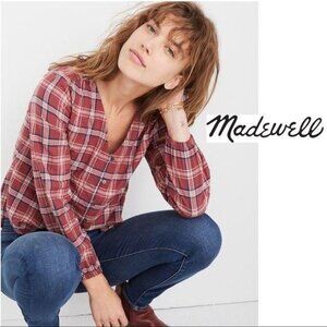 Madewell XS Plaid Top Red White Button Down Stratfield Flannel Shirt Blue V Neck